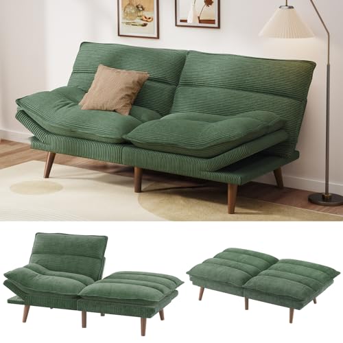 Pipishell Convertible Futon Sofa Bed,66" Corduroy Futon Couch with Adjustable Backrest and Armrests, Recliner Sleeper Sofa for Small Spaces