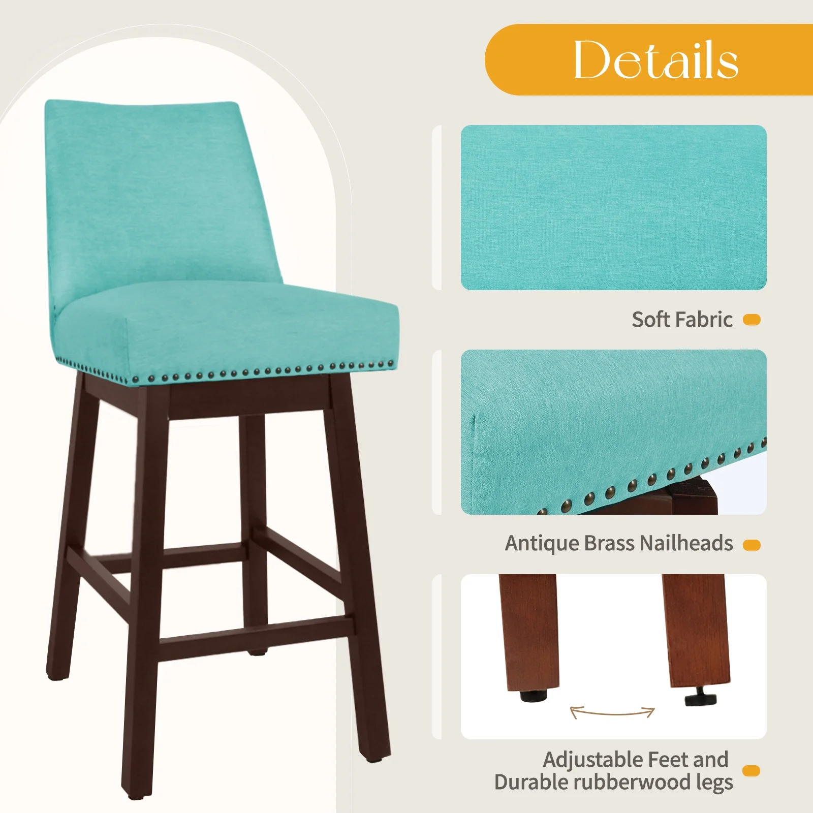 SERWALL Swivel Counter Height Bar Stools Set of 2, Morden Upholstered Dining Barstools with Back for Kitchen, Tiffany