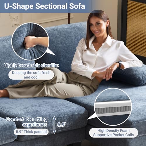 VINGLI 110" Sectional Couches for Living Room,U Shaped Couch with Double Chaise, 4-Seat Sofa Set with Chenille Fabric for Home Furniture,Forest Green