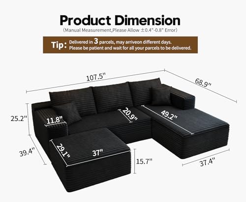 107.5" Cloud Modular Sectional Sofa with 1 Ottoman,Modern Minimalist Upholstered Couches, Comfort U Shaped Sofa for Living Room