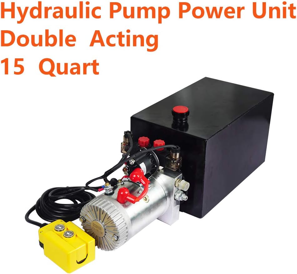 Fisters Hydraulic Power Unit 15 Quart Double Acting Hydraulic Pump DC 12V Power Unit Metal Reservoir for Dump Trailer Car Lifting