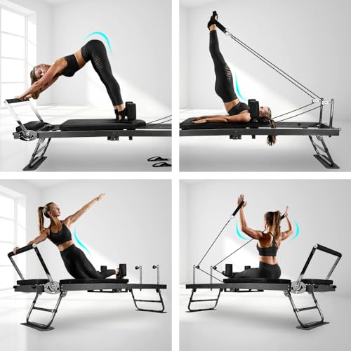 ONETWOFIT Pilates Reformer, Foldable Pilates Machine & Equipment for Home Gym Workout Suitable for Advanced and Beginners Max 440LBS Gray