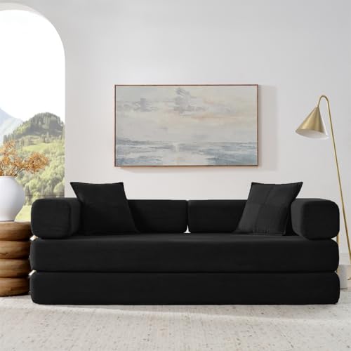 4-in-1 Folding Convertible Sofa Bed, 78 Inch Boneless Couch with Fixed-Shape Frame, Corduroy Loveseat Sleeper with Pull Out Bed