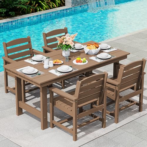 SERWALL Outdoor HDPE Dining Table Set, 7-Piece Outdoor Dining Table Sets with Umbrella Hole Cut-Out Table and 6 Chairs, Gray