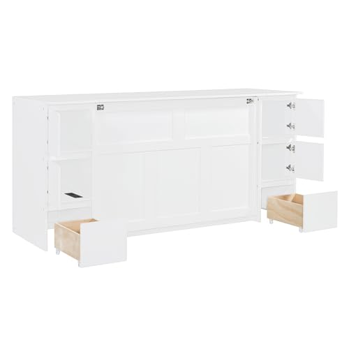 Twin Size Murphy Beds with Charging Station and Storage Drawers, Wood Cabinet Bed Frame, Wall Bed with Outlet & USB Ports for Home Office Studio