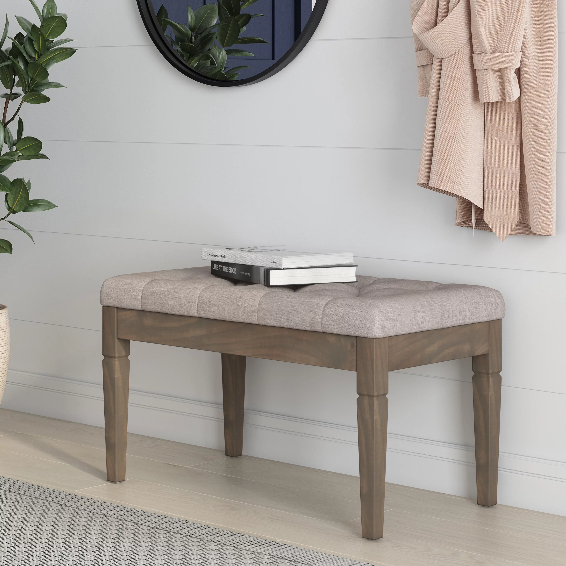 Simpli Home Waverly 28" Wd. Small Tufted Ottoman Bench in Natural Linen Look Fabric