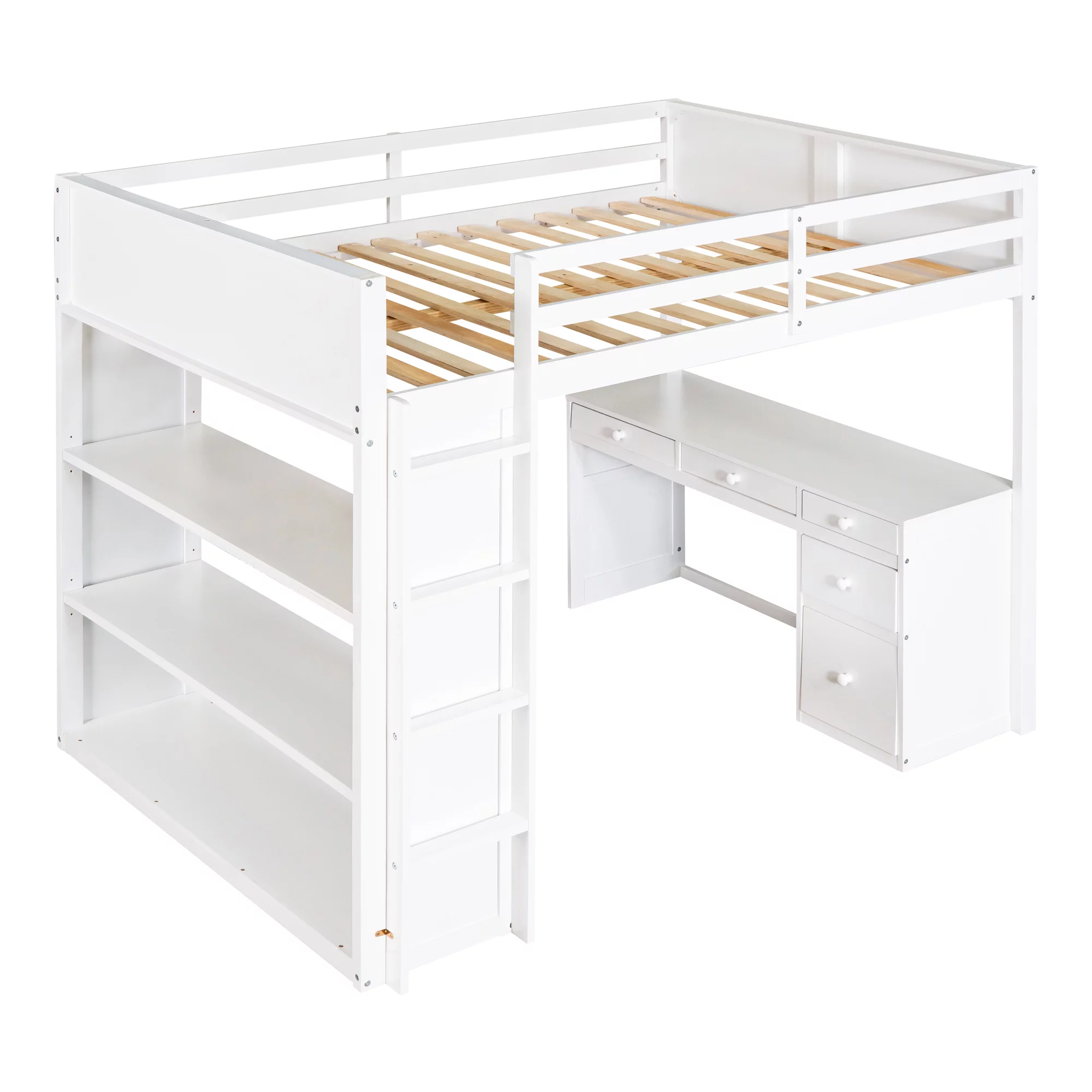 Bellemave Full Size Loft Bed with Desk and Shelves, Wood High Loft Bed Frame with Storage and Ladder, for Kids Teens Adults, White