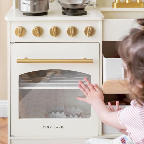 Tiny Land Play Kitchen for Kids with Enhanced Storage – Modern Toddler Kitchen Playset with Stove, Sink & Accessories, Organized Wooden Toy Kitchen