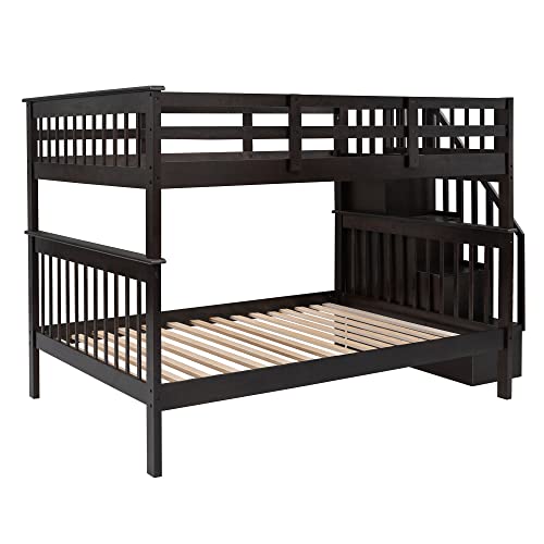 Ball & Cast Full Over Full Bunk Bed with Twin Size Trundle and Built in 4 Drawer,Wood Bunkbed w/Storage Ladder & Slat Support