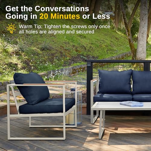 EAST OAK Courtyard Patio Furniture Set, 4-Piece Outdoor Patio Set with Sofa, Removable & Washable Deep Seating Cushion, Tempered Glass Table