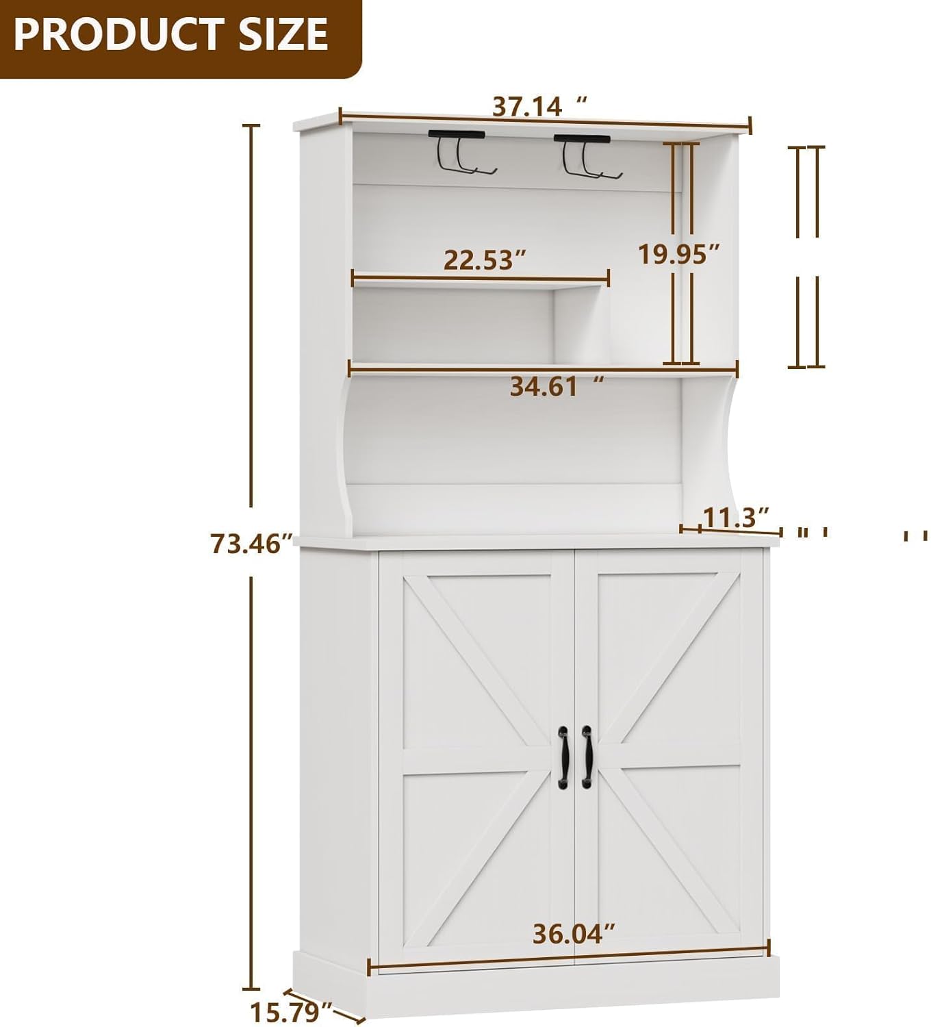 4 EVER WINNER Farmhouse Coffee Bar Cabinet with Hutch & Wine Rack, 73.5” Kitchen Buffet Storage Cabinet with Barn Doors, Adjustable Shelf