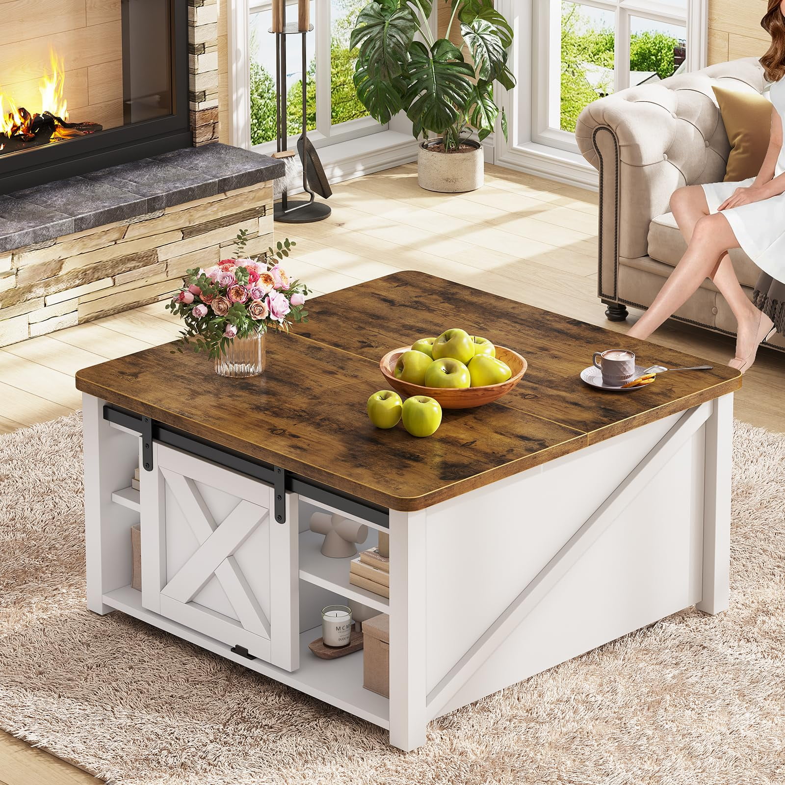 Afuhokles Lift Top Coffee Table, Square Coffee Table with Storage for Living Room, White - Curated Treasures Market