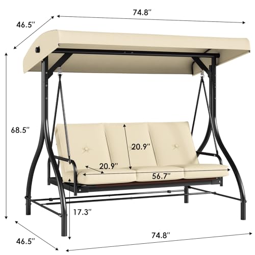 TLSUNNY 3-Seat Outdoor Patio Porch Swing with Adjustable Canopy & Backrest, Convertible Glider Bed with Stand, Removable Seat Cushion