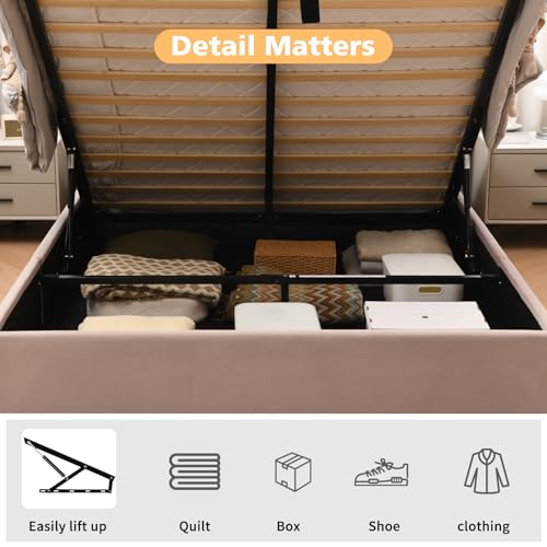 VELOCAVA Queen Size Lift Up Storage Bed with Modern Wingback Headboard, Upholstered Platform Bed with Fabric with Hydraulic Support Bars