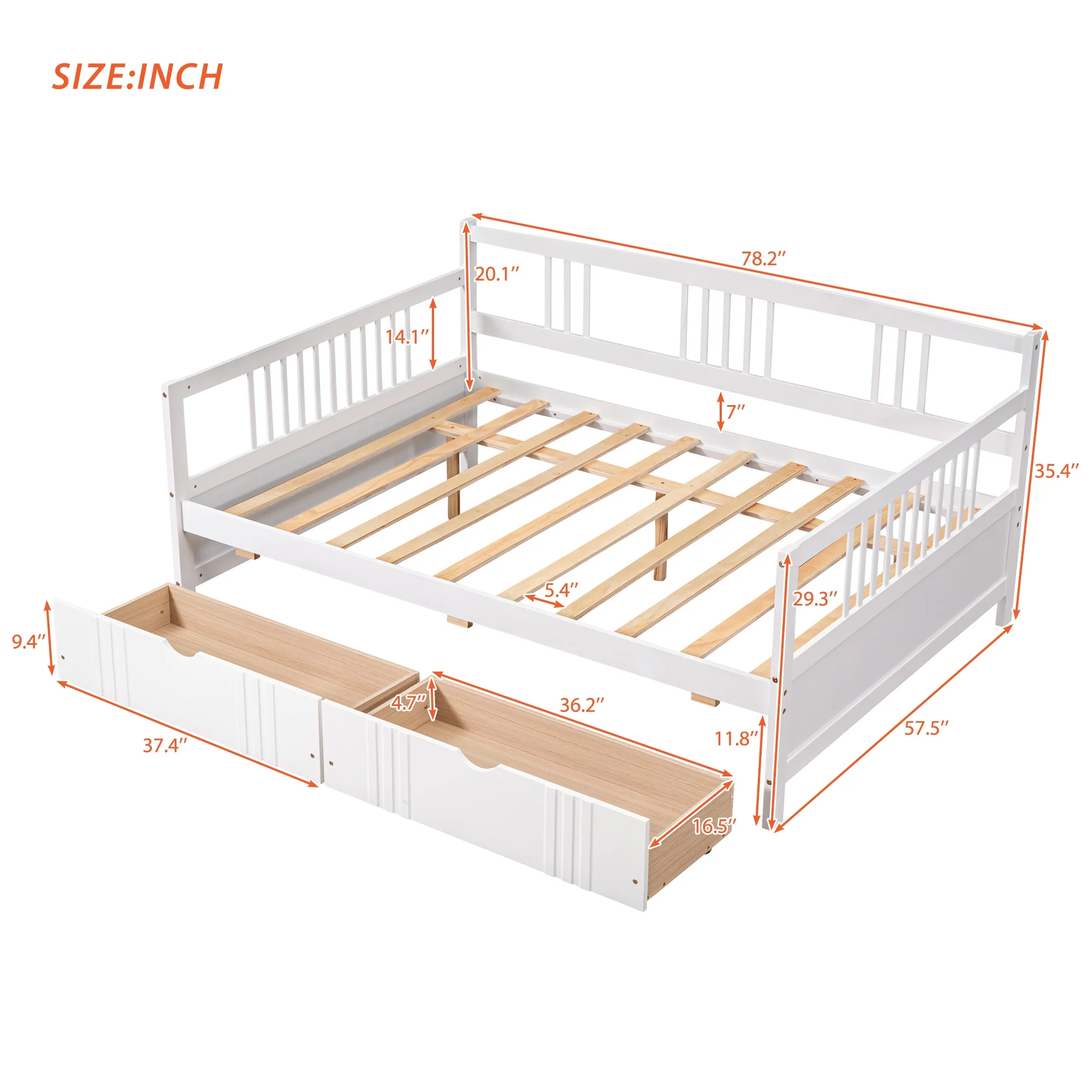 Gewnee Full Size Daybed with Two Storage Drawers,Wooden Sofa Bed for Kid's Bedroom,White