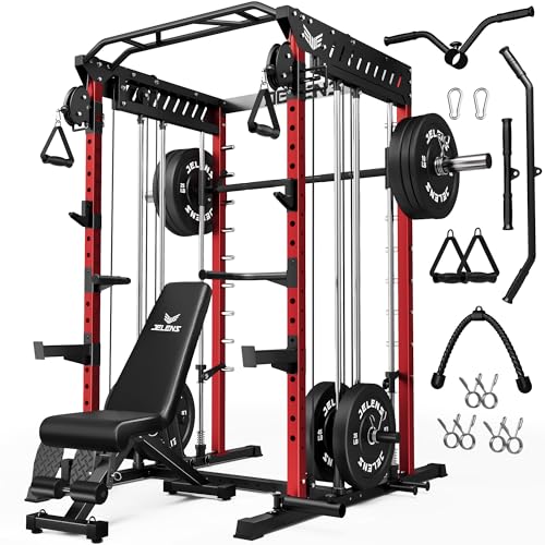 M21 Smith Machine, Multi-Function Power Cage with Dual Pulley Cable Crossover System, 2000LBS All-in-One Squat Rack with Smith Bar and Attachments