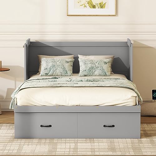 Queen Size Murphy Bed with USB Port, Solid Wood Murphy Bed Frame with Removable Shelves On Each Side, Space-Saving Design for Small Spaces