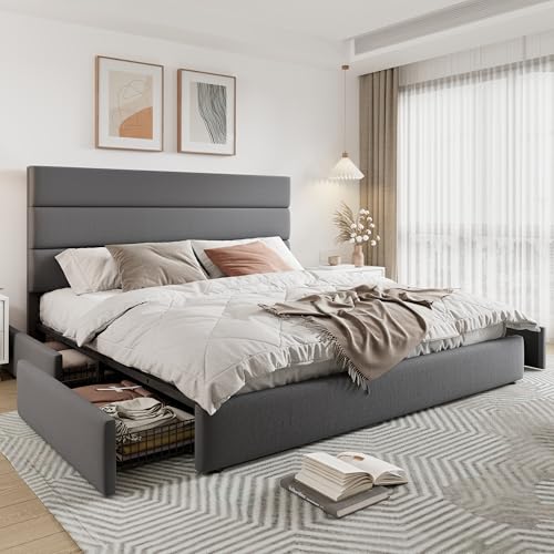 Allewie Modern Full Size Platform Bed Frame with 4 Storage Drawers and Velvet Upholstered Headboard, Wooden Slats Support