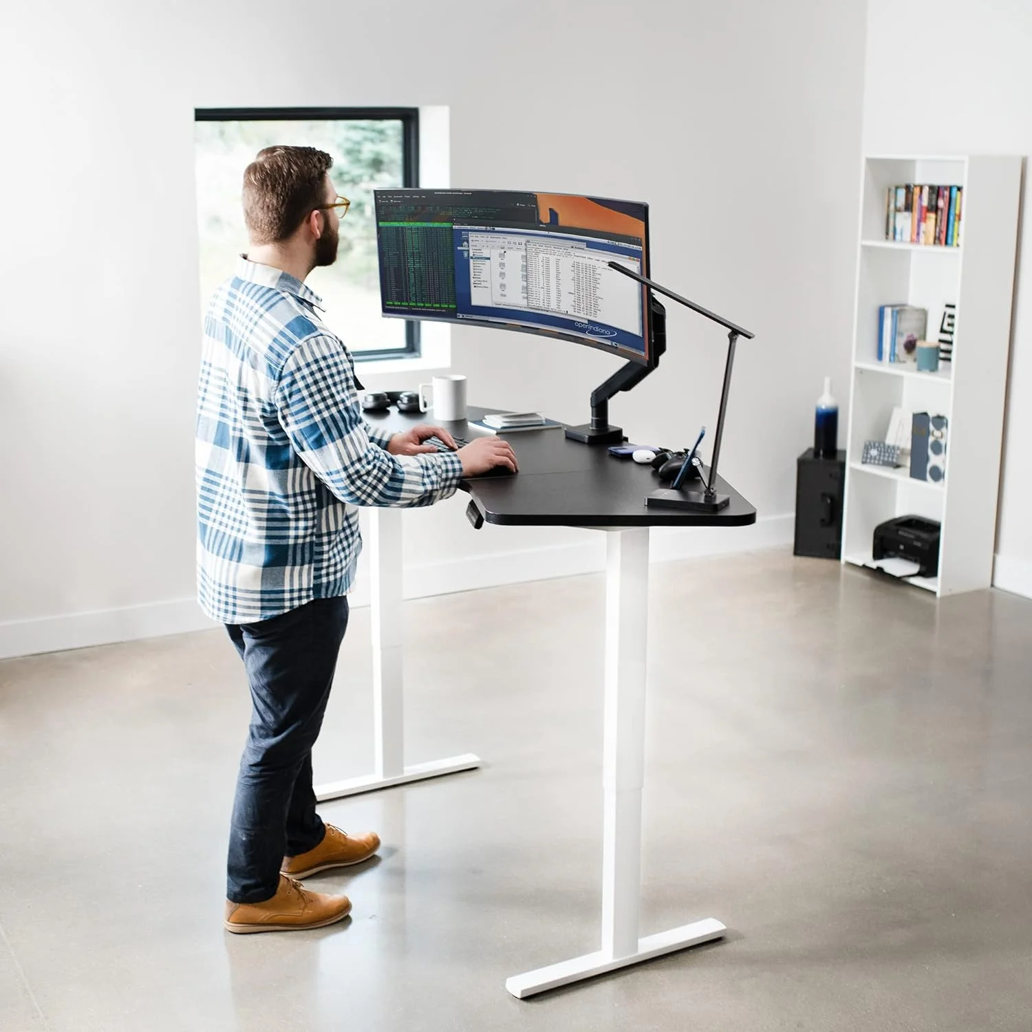 Electric Height Adjustable 71 X 24 Inch Wing-Shaped Stand Up Desk, Complete Active Corner Standing Workstation With Black Table Top, White Frame