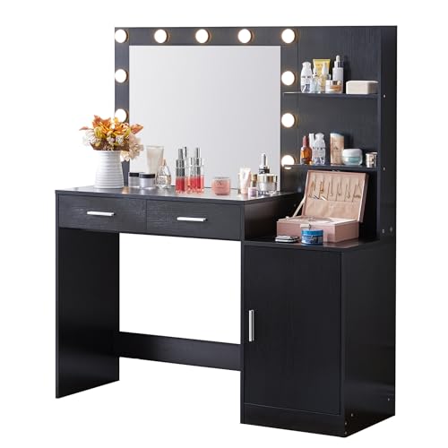 Vanity Desk with Mirror and LED Light Strip,Dressing Table with Large Drawer, 3 Level Storage Dresser & 3 Lighting Modes Adjustable Brightness