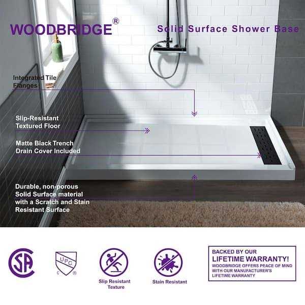 Woodbridge Krasik 60 in. L x Alcove Solid Surface Shower Pan Base Drain in White Cover SBR - Shop Hardware Tools Online Store