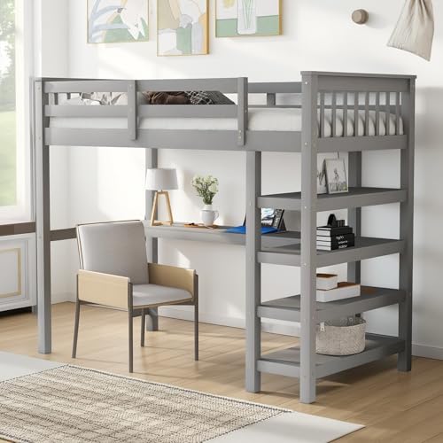 Full Size Loft Bed with L-Shaped Desk, Wardrobe and Storage Shelves, Solid Wood Bedframe w/Safety Guardrails & Ladder for Kids Teens Adults