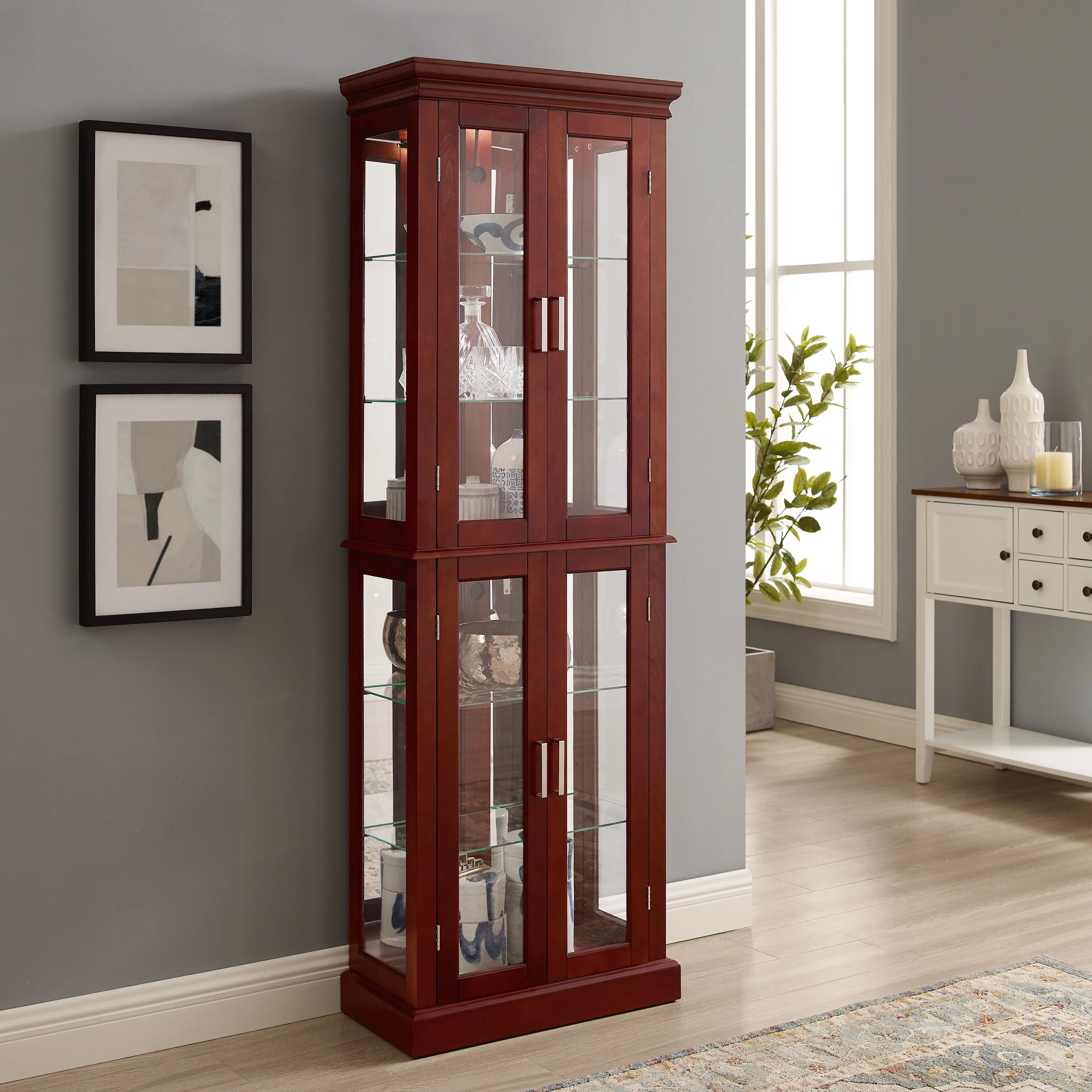 Ufurpie 6-Tier Lighted Curio Diapaly Cabinet with Adjustable Shelves and Tempered Glass Doors,Bar and Liquor Storage Area,Walnut