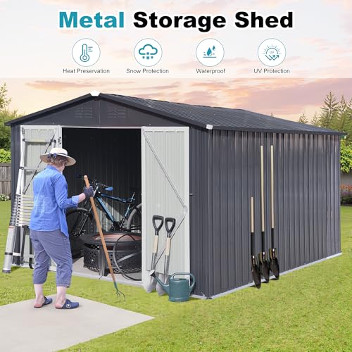 8x6 FT Outdoor Storage Shed, Metal Tool Shed with Lockable Doors, Peaked Roof & Frame Floor