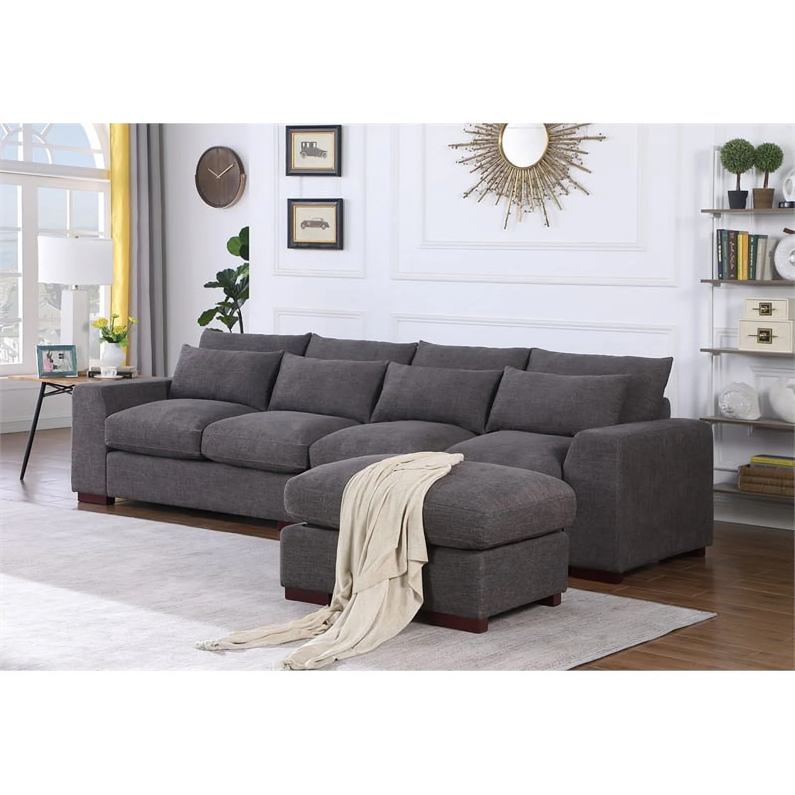 Pemberly Row Square Arm Modular Reversible Sectional Sofa & Ottoman-Dark Gray