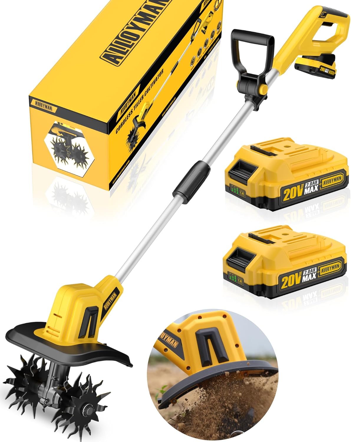 Alloyman 20V Cordless Tiller Cultivator,360RPM Electric Garden Tiller, with 2 * 2.0Ah Batteries & Charger,9In Tilling Width