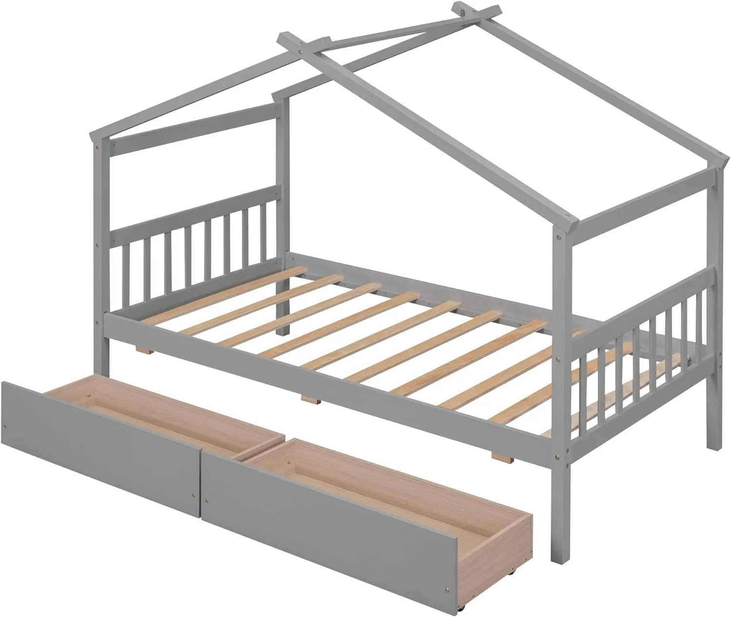 Size House Bed With Drawers, Wooden Platform Bed Frame With Headboard And Footboard, Roof Design, For Guest Room/Living Room, Gray