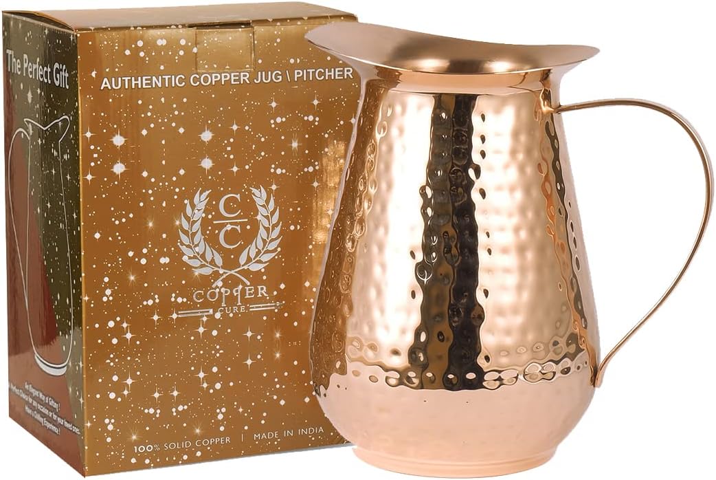 Pure Copper Water Pitcher with lid , 100% Solid Copper Jug, Capacity 70 Oz, Copper Hammered Vessel, Copper Carafe For Ayurveda Health