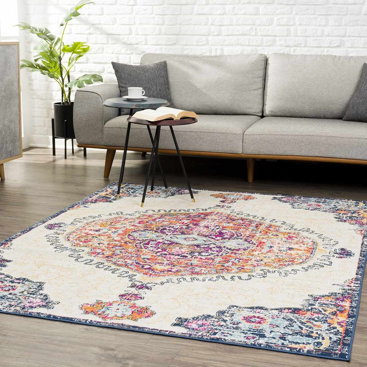 Tigris Collection Pasha Oriental Farmhouse Living Room Bedroom Dining Room Area Rug - Vintage Distressed - Boho Chic Medallion Pattern - Beige, Ivory