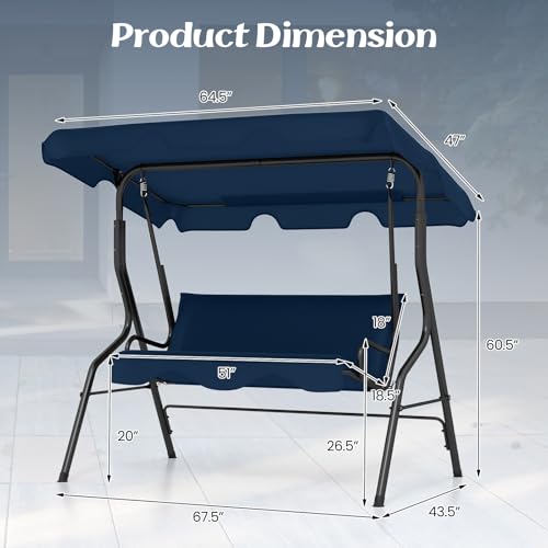 Tangkula 3 Person Porch Swing, Patio with Removable Cushion & Powder-Coated Steel Frame, Outdoor Swing with Canopy for Porch, Backyard, Garden