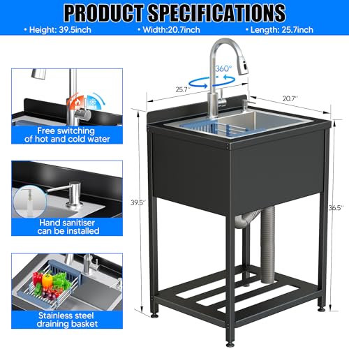 Stainless Steel Utility Sink, 36.6" × 24.2" × 36.6"Freestanding Sink with Cold and Hot Water Faucet,Hoses and Drain Kit for Kitchens, Bathrooms