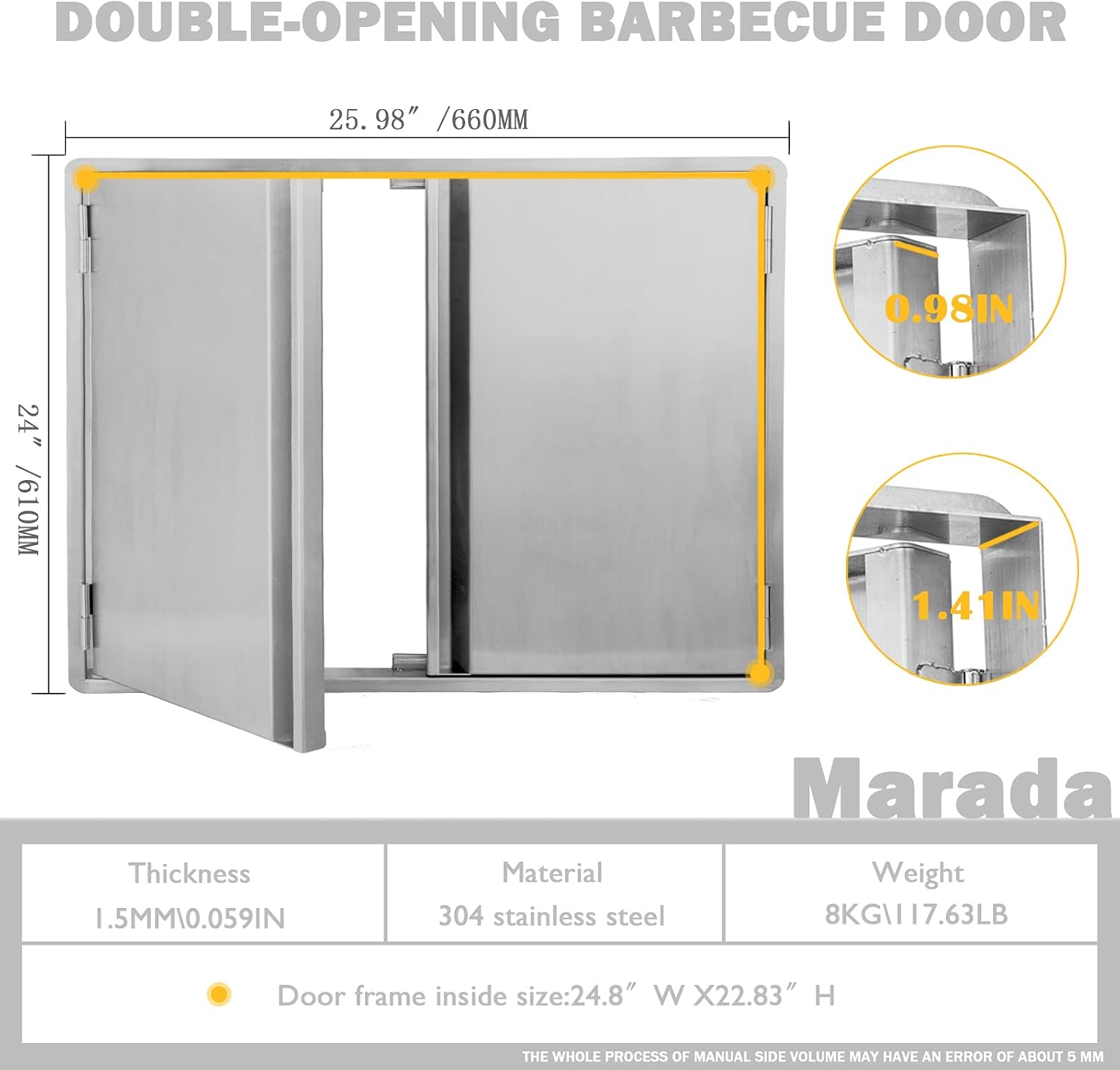 Marada BBQ Access Door Outdoor Kitchen 304 Brushed Stainless Steel Doors for Outdoor Kitchen, Outdoor Cabinet