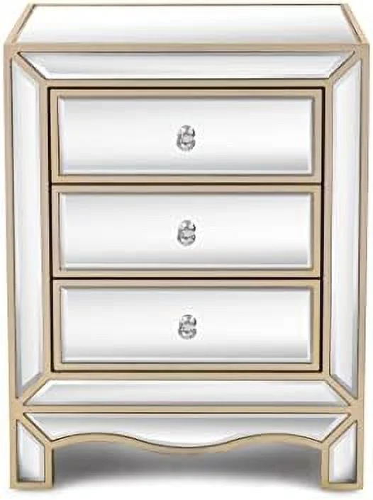 TJBOLIFE Mirrored Nightstand Bedside Table  Modern 3-Drawer Mirrored Accent End Tables Sofa  with Crystal-Style Knobs for Bedroom  Living Room