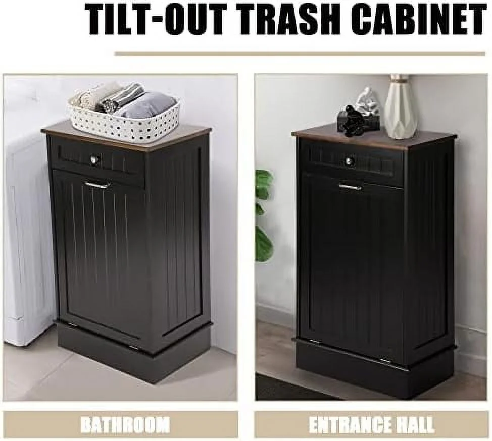 TJUNBOLIFE Cabinet  Tilt Out Free-Standing Trash Bin with Drawer and Countertop  Pet-Proof Recycling Laundry Hamper for Home Kitchen Bathroom  Grey