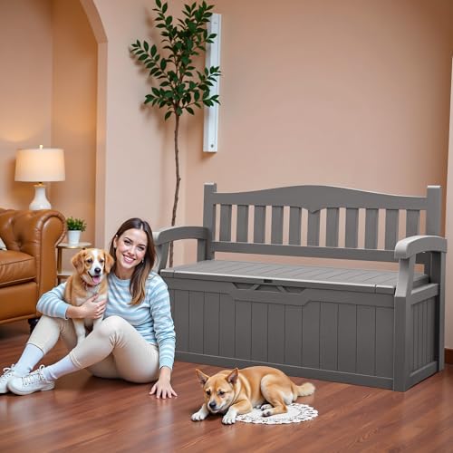 JUMMICO 80 Gallon Resin Outdoor Storage Bench, Large Deck Box with Armrest, Lockable & Waterproof for Garden, Home, Patio, Pools (Black)