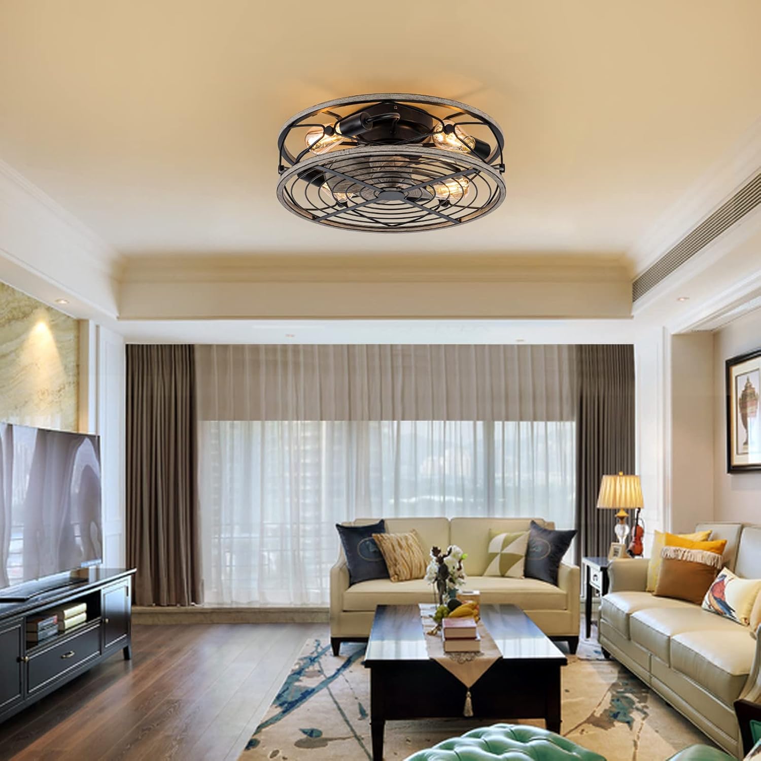 Caged Ceiling Fan With Light, 20 in Bladeless Ceiling fan With Remote Control