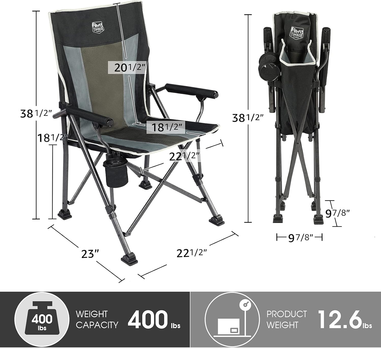 TIMBER RIDGE Folding Camping Chair with Padded Hard Armrest and Cup Holder-for Outdoor, Camp, Fishing, Hiking, Lawn, Including Carry Bag (Black)