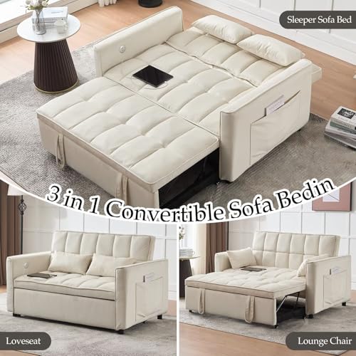 Modern 3 in 1 Convertible Sleeper Sofa Couch Bed with USB, Adjustable Backrest Velvet Pull Out Sofa Bed, Loveseat Sleeper Couch