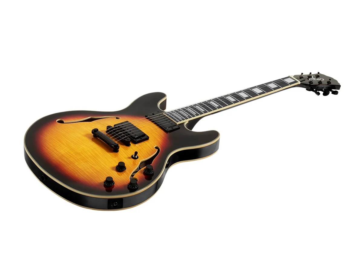 Monoprice Indio Boardwalk Flamed Maple Hollow Body Electric Guitar - Sunburst, With Gig Bag - Curated Treasures Market