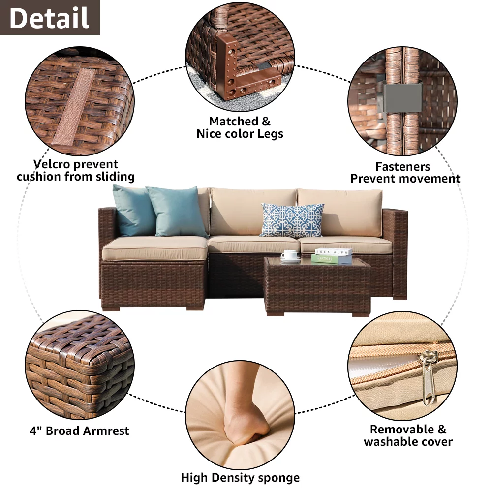 Patiorama 5-Piece Patio Furniture Set, Outdoor Sectional Conversation Set, All-Weather Brown PE Wicker with Beige Cushions