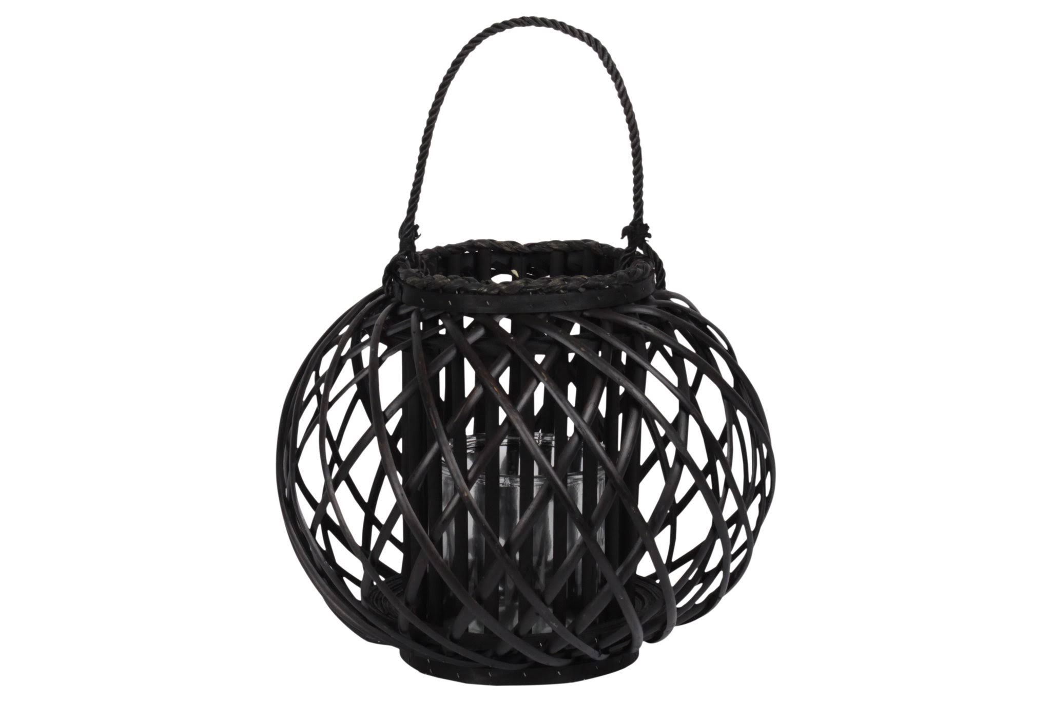 Benjara BM208710 Round Bellied Lattice Design Lantern with Glass Candle Holder Black - Large