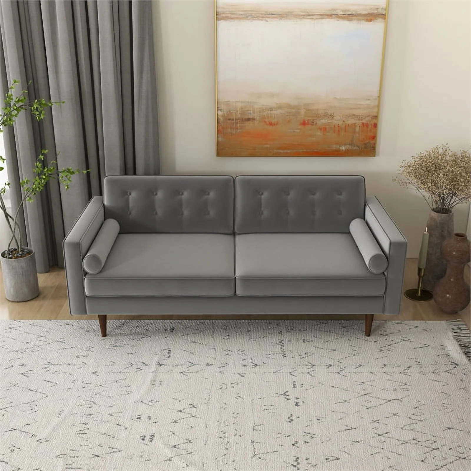 Kearney Mid Century Modern Furniture Style Gray Velvet Living Room Couch