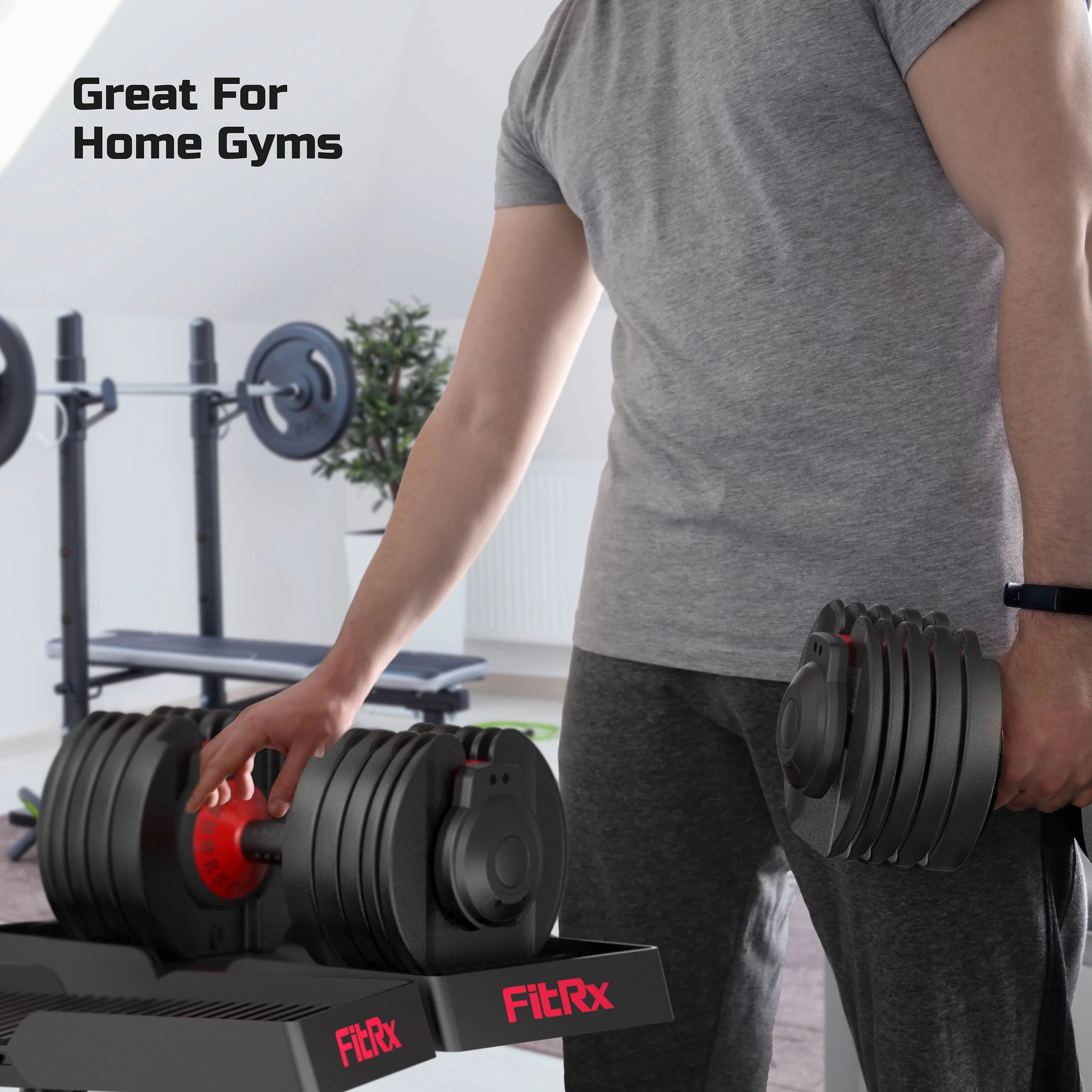 FitRx SmartBell, Quick-Select Adjustable Dumbbell for Home Gym, 5-52.5 lbs. Weight, Black, Single