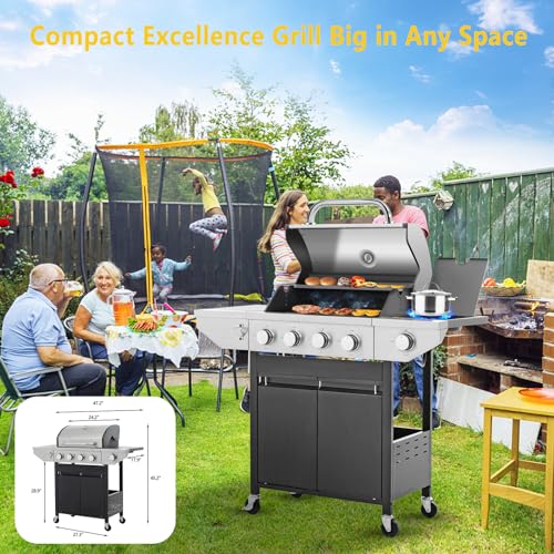 Large Propane Gas Grill with 4-Burners and Side Burner,Outdoor BBQ Grill Griddle with Porcelain-Enameled Cast Iron Grates