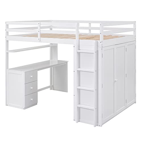 Harper & Bright Designs Full Loft Bed with Desk and Wardrobe,Solid Wood Loft Bed Frame Full with Storage Drawers for Kids Teens Adults