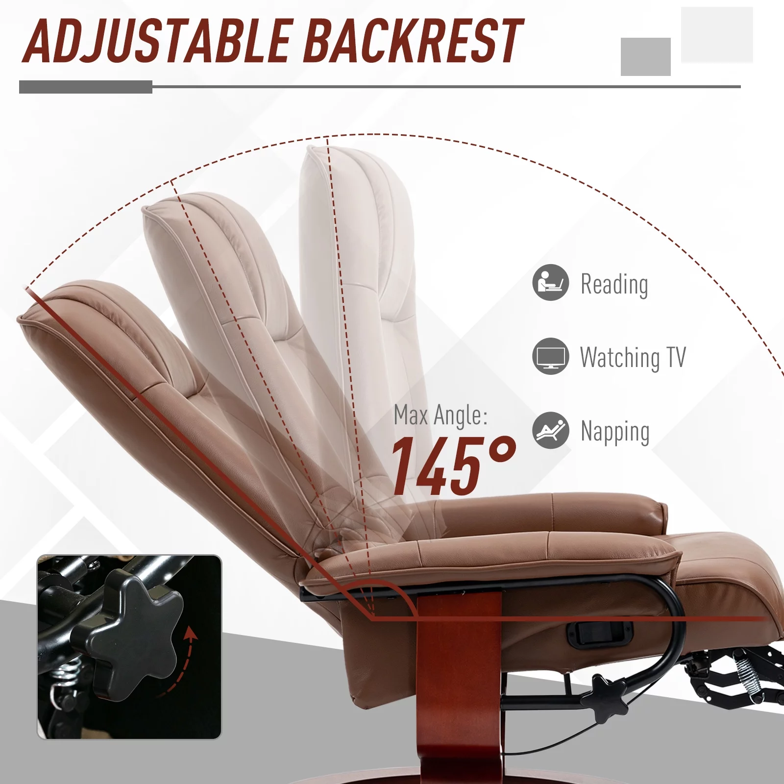 HOMCOM Faux Leather Manual Recliner with Swivel Wood Base, Brown